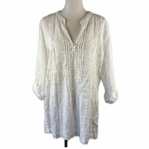 Kenar Linen Floral Embroidered Tunic Top Sz XL Roll Tab 3/4 Sleeve Coastal Beach